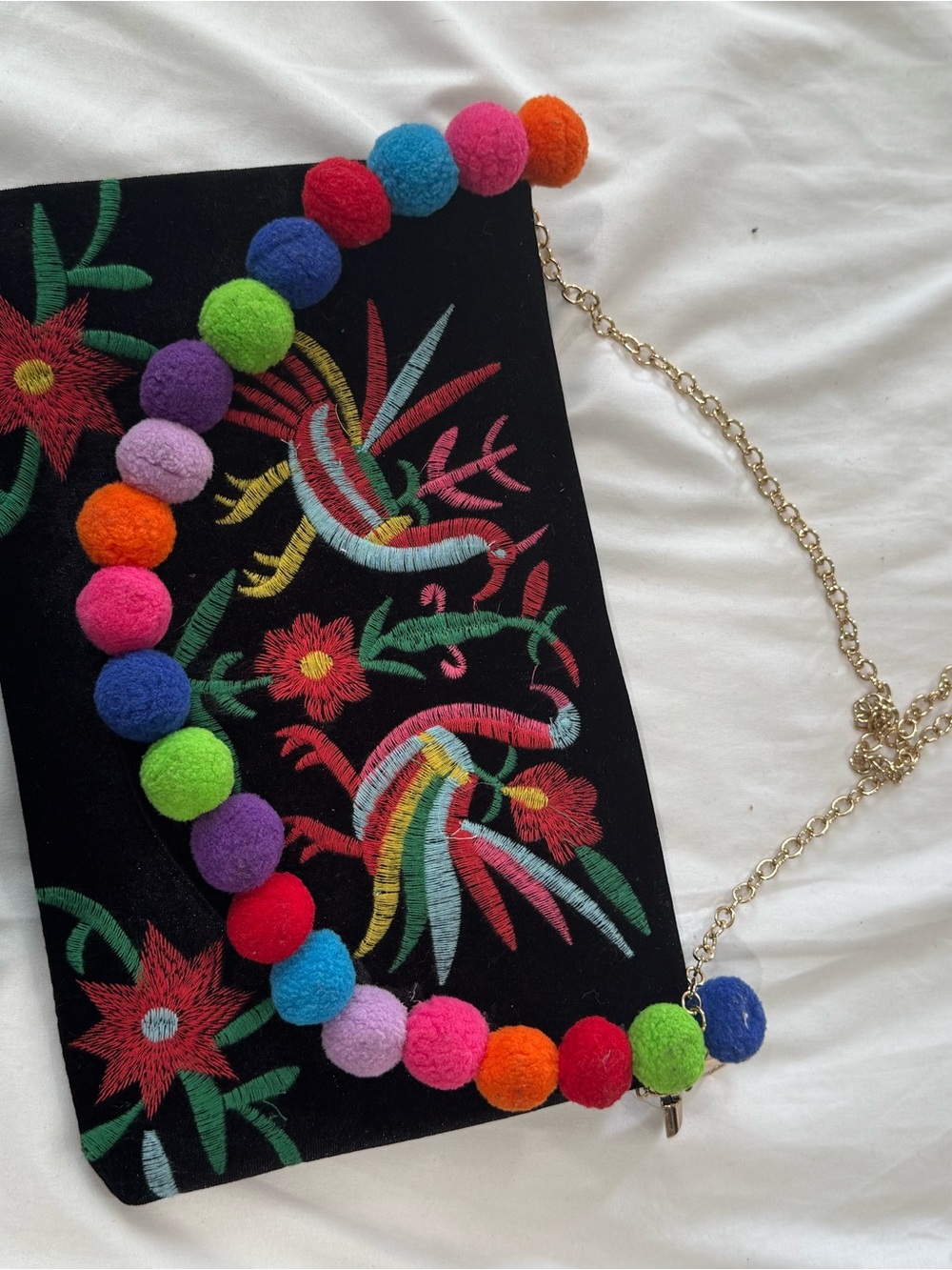 Embroidered Black Clutch with Multicolor Pom-Pom Chain